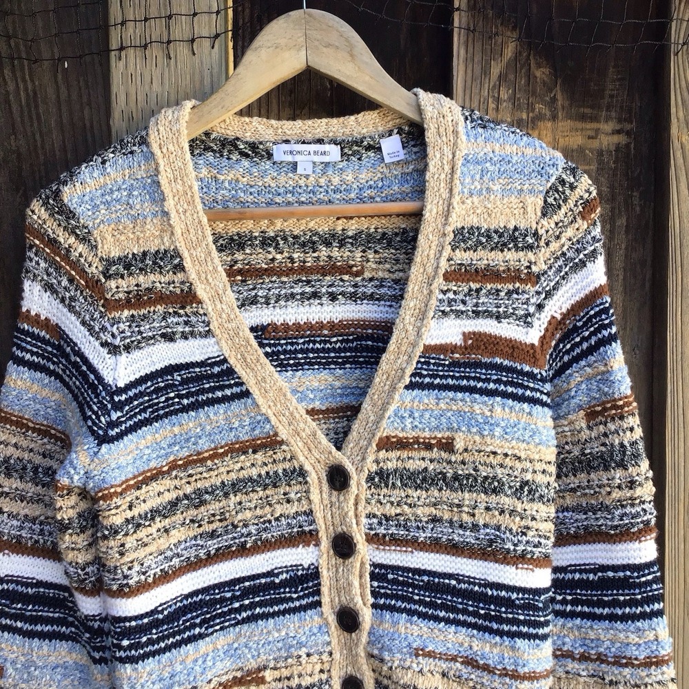 Veronica Beard Womens Small Striped Chunky Knit Cardigan Wool Cotton Sweater - Picture 2 of 7